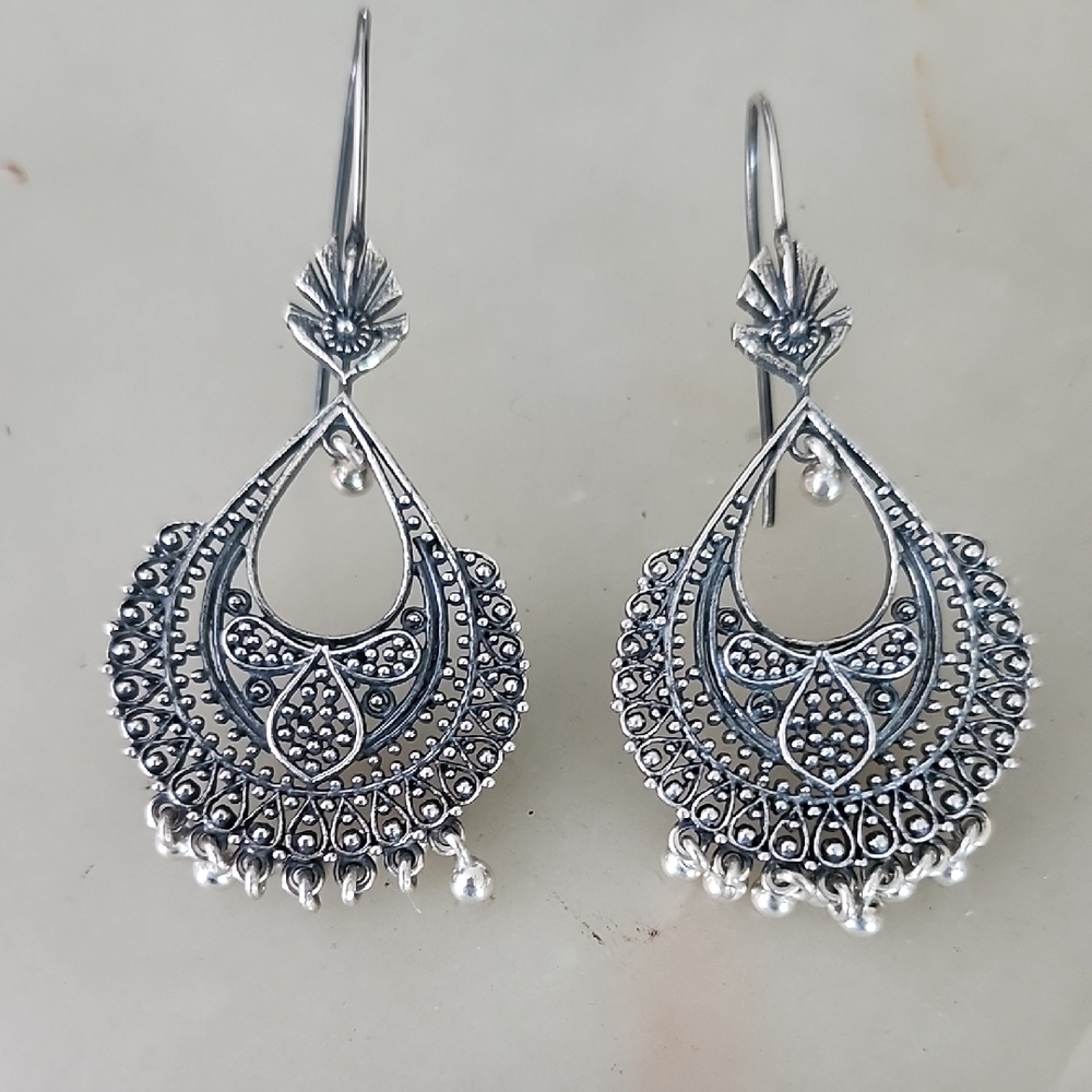 Silver Filigree Chandelier Boho Tribal Drop Earrings